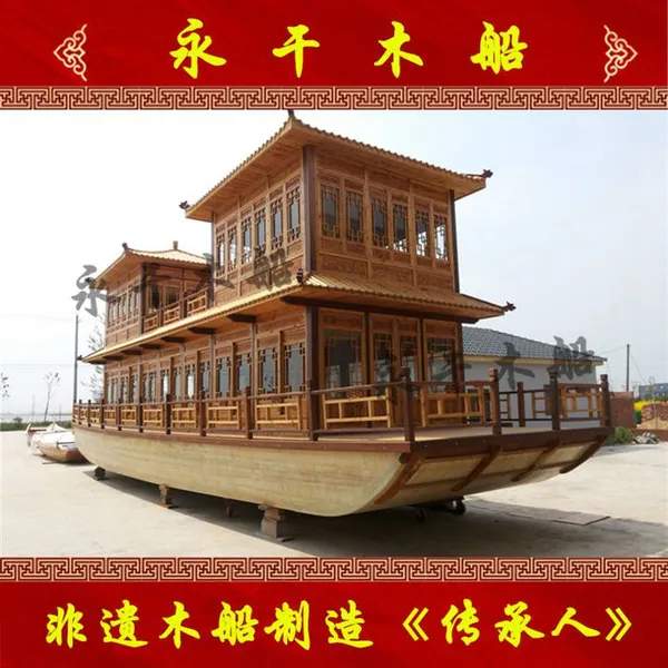 画舫船批发价格 双层观光餐饮木船 仿古电动餐饮影视道具船定制 景区载客观光客船