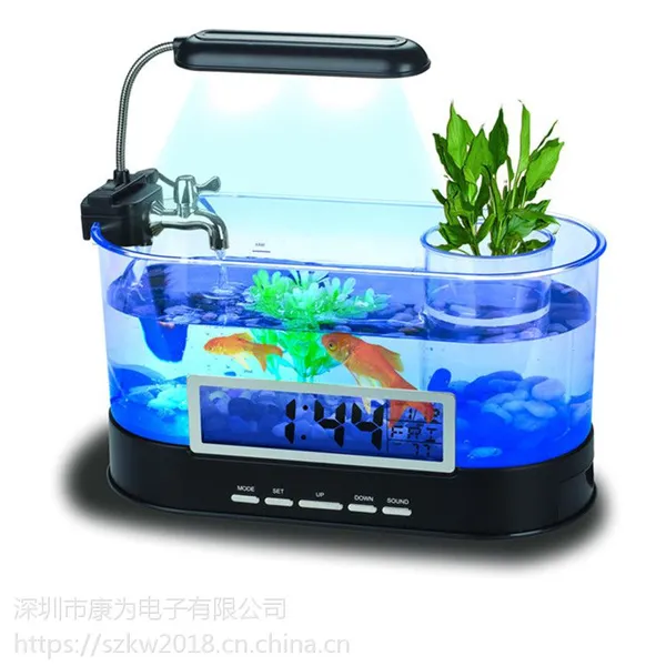 亚克力创意桌面鱼缸笔筒鱼缸带万年历贪睡闹钟功能
