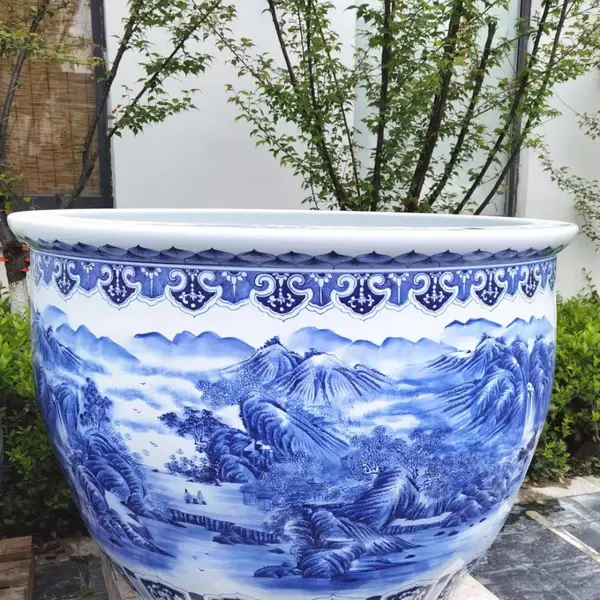 定做青花瓷陶瓷大缸厂 水摆设仿古手绘大缸 一米口径大缸陶瓷盆