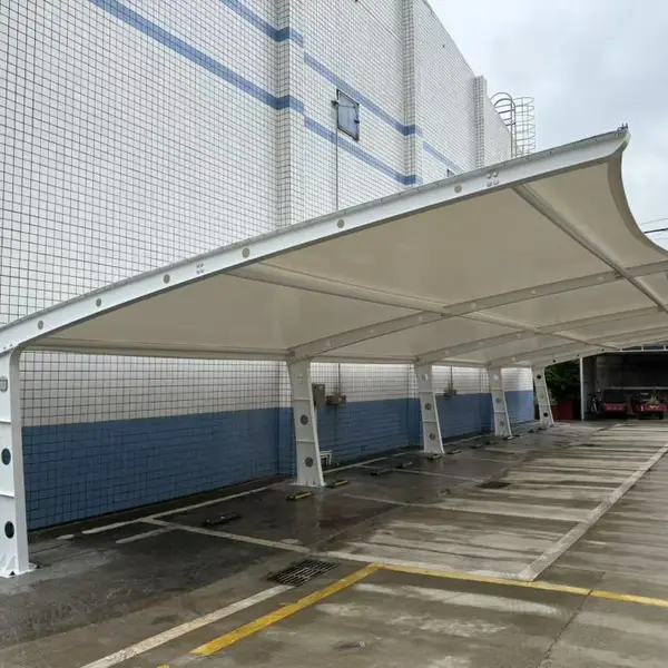 膜结构遮阳棚户外雨棚7字型车棚单边车棚/四川粮油公司停车棚完工