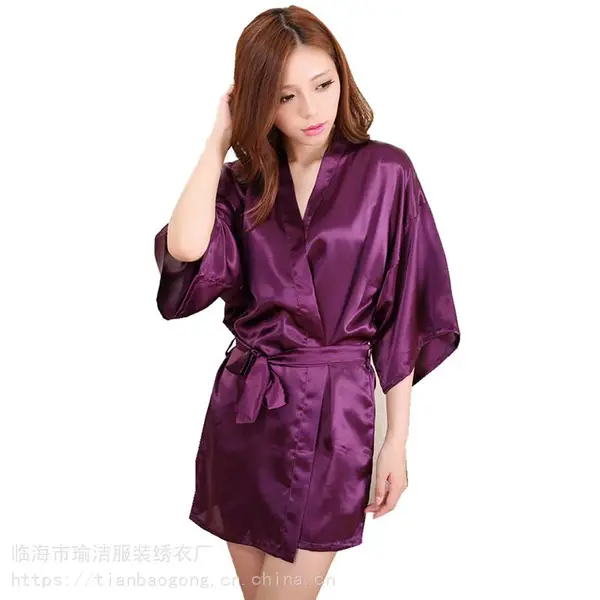 跨境 女士仿真丝睡袍 夏季薄款简约纯色短款开衫浴袍