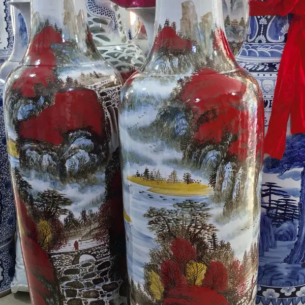 青花瓷手绘迎客松陶瓷大花瓶 源远流长落地摆件二三米高大瓷瓶