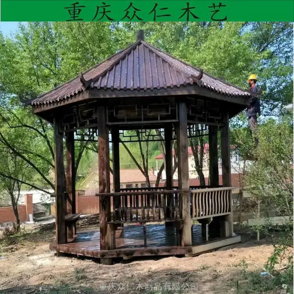 桐梓实木彩绘凉亭 防腐木双檐古建凉亭 防腐木茅草凉亭施工安装 众仁木艺