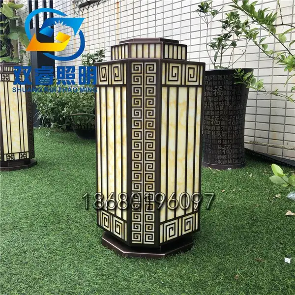 简约中式户外防水草坪灯小区别墅庭院草地灯五边形立柱草坪灯仿云石电镀灯