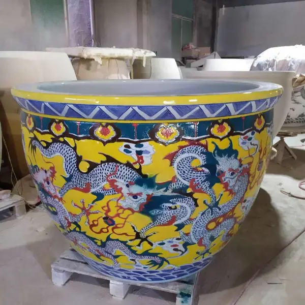 手工雕刻陶瓷缸批发 养花种树景观瓷盆 特大号***大缸 景德镇建源厂家