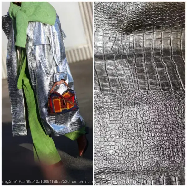 PU人造革 烫金压花鳄鱼纹银色工艺 服装pu皮革面料