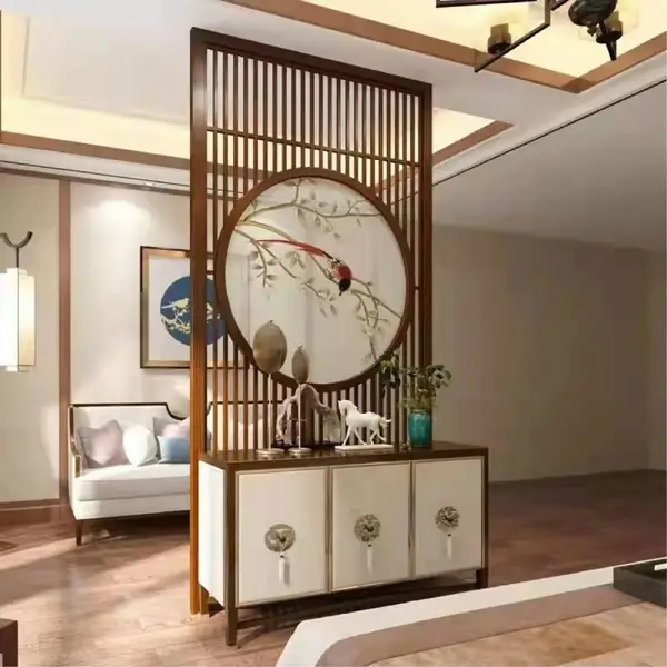 不锈钢屏风背景墙镂空隔断钛金属隔窗格栅山水画酒店大堂玄关装饰