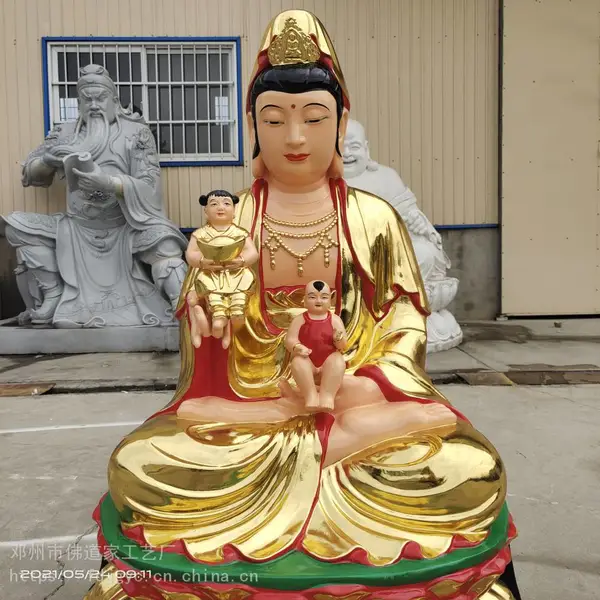 普陀山观音菩萨神像定制 彩绘贴金 玻璃钢材质 观音六字大明咒