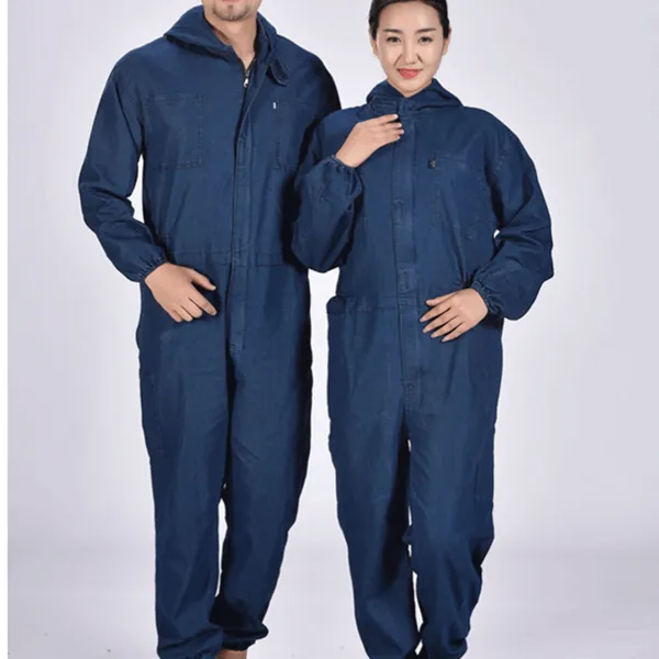 山东临沂牛仔连体服吸湿排汗 淄博牛仔连体服装 威海牛仔服生产订制厂家 伟红服饰
