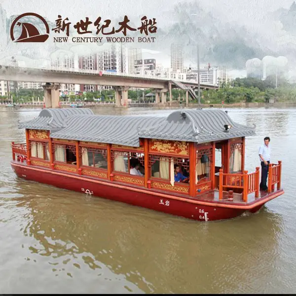 观光船订制生产 中式古典花舫游船 电动实木旅游船制造