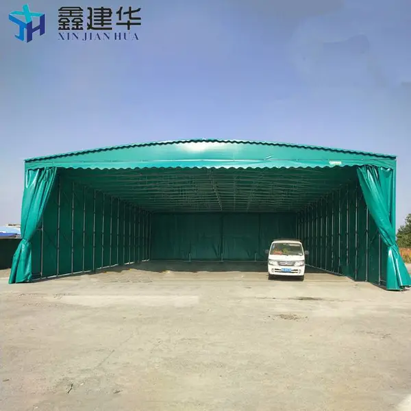 伸缩移动式罩棚制作过程 电动厂房过道雨棚 移动防雨篷本地厂家