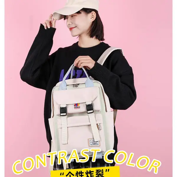 清新拼色少女感背包大学生双肩包电脑包大容量双肩包14英寸批发