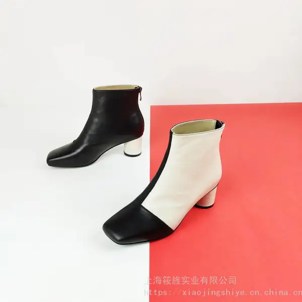 女鞋 真皮皮靴 时尚皮靴 高跟女靴 时装靴 个性撞色女鞋 圆跟女靴