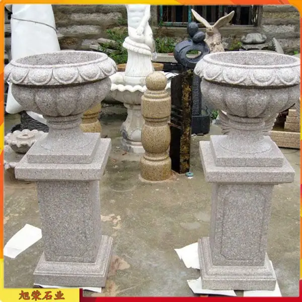 楼盘景观装饰石雕花钵 带底座石头花盆花槽 别墅庭院雕塑小品