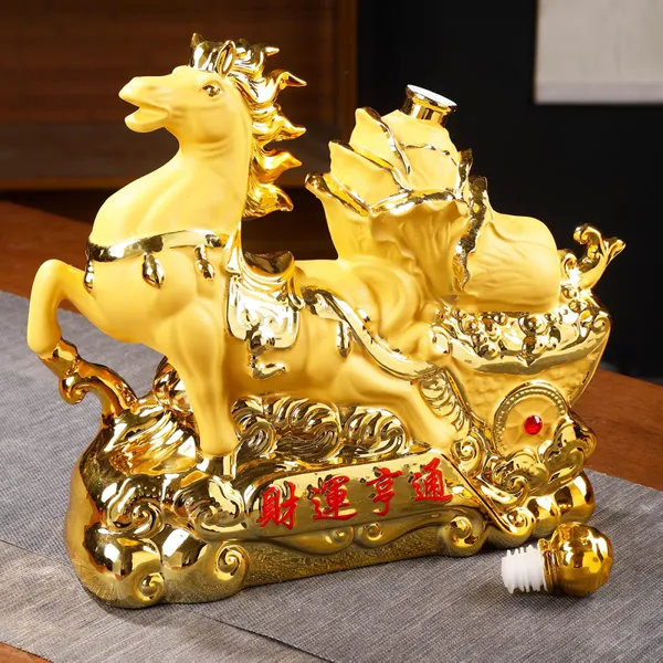 财运亨通5斤陶瓷酒瓶 金色马年生肖纪念白酒具配皮盒木盒包装