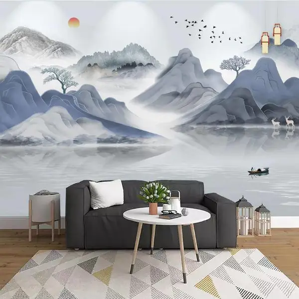 厂家定制 财生水流客厅山水电视背景墙迎客松九鱼图风景画无缝壁画真丝布