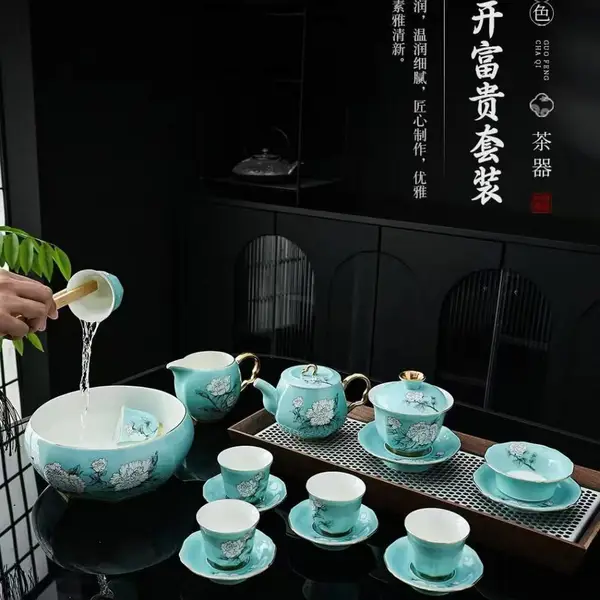 花开富贵陶瓷茶具 青玉色盖碗功夫茶具皮盒套装送礼回馈客户定制