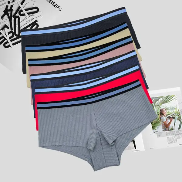 厂家外贸跨境女士内裤 舒适透气螺纹棉纯色高弹力腰头女式平角裤