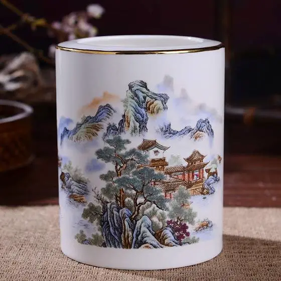 校庆礼品骨瓷笔筒定做,教师节礼物定制陶瓷笔筒依水傍山款式可加字