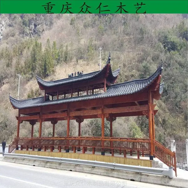 开江防腐木彩绘古建长廊 芬兰木古典长廊 碳化木茅草长廊设计安装 众仁木艺