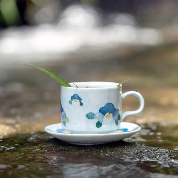 小清新天蓝浮雕陶瓷手绘植物系列咖啡杯 下午茶杯子配杯碟