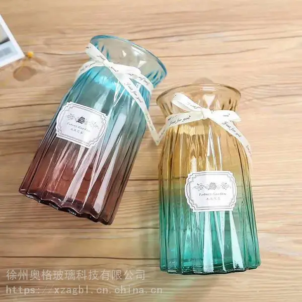 玻璃花瓶 彩色渐变 透明 水培 富贵竹 百合 条纹 花瓶 客厅插花摆件