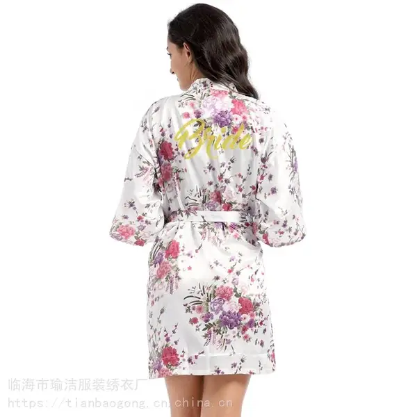 厂家直销 烫金葱粉Bride开衫短袍 女士仿真丝薄款水仙花新娘晨袍