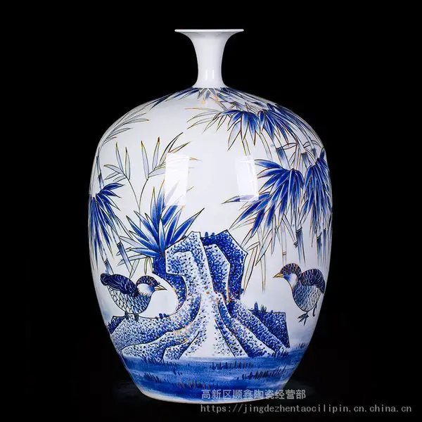 陶瓷名人作品景德镇手绘描金青花竹报平安花瓶中式书房装饰摆件- 供应商网
