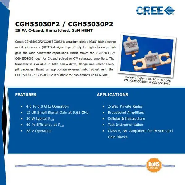 Cree CGH55030F2 RF Power ��Ƶ���ʵ�����HEMT 25W