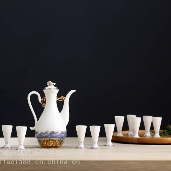 厂家直销 金箔工艺水晶陶瓷酒壶 中式陶瓷酒具礼品套装 分酒器白酒具套装 现货批发