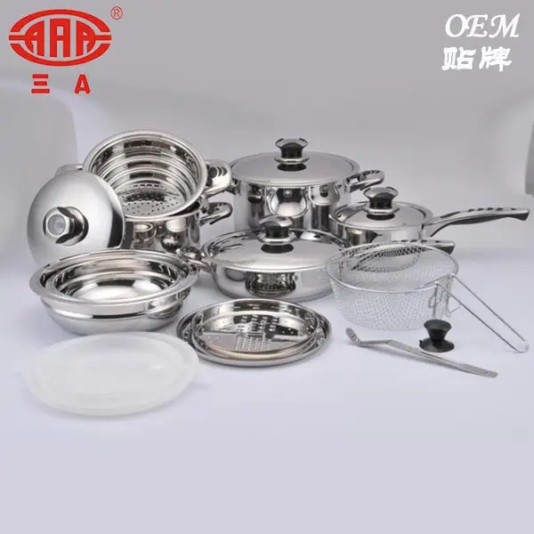 广东三A品牌 直销公司锅具OEM贴牌 健康锅 免水煮锅 19件套 不锈钢锅具套装定制