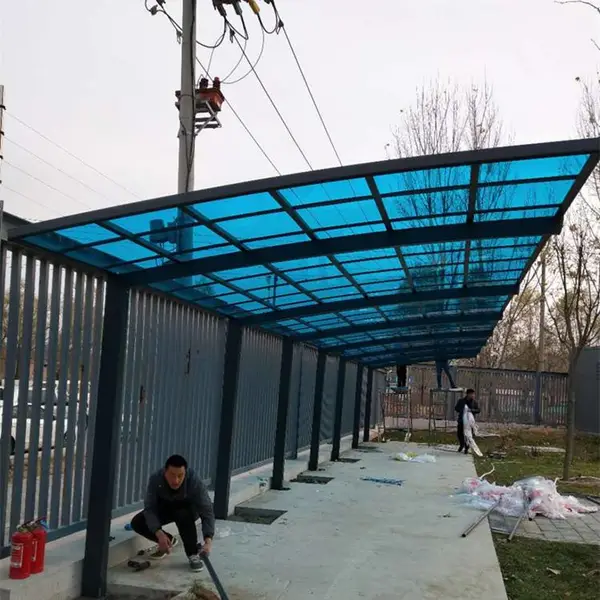 北京庞各庄停车棚定做万硕遮阳cp耐力板车棚 小区自行车停车棚订做