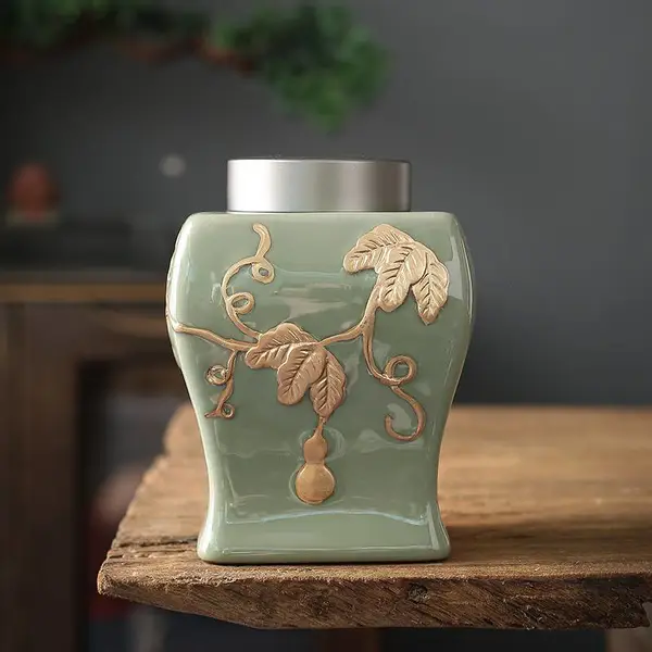 个性印花茶叶罐 哥窑汝窑普洱茶醒茶罐 中号陶瓷浮雕红茶密封罐