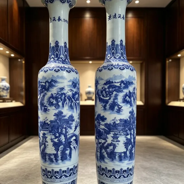 开业礼品摆件大花瓶高温手工高3米陶瓷瓶子 手绘青花粉彩雕刻图案