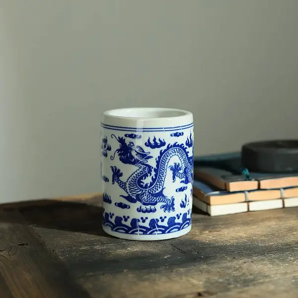 景德镇青花瓷笔筒文房四宝 陶瓷笔搁瓷器 中式复古收纳摆件