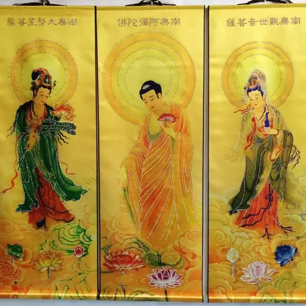 西方三圣佛挂画阿弥陀佛丝绸卷轴画客厅书房玄关装饰画结缘新中式