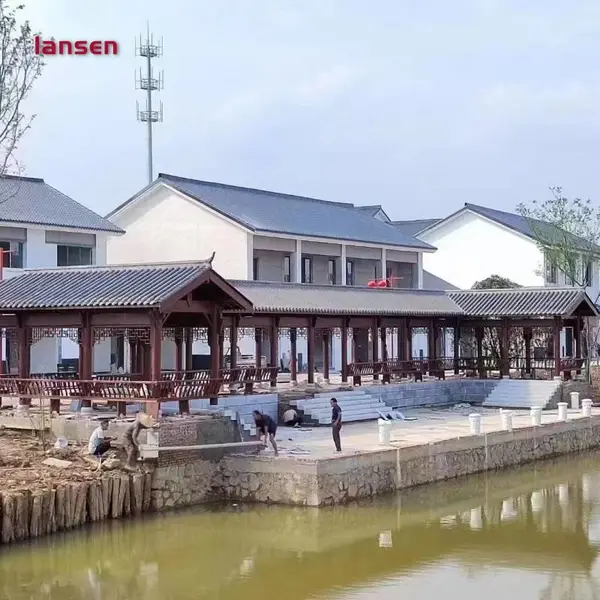 古建长廊工程合作 仿古风格实木走廊定制 菠萝格材质木廊架