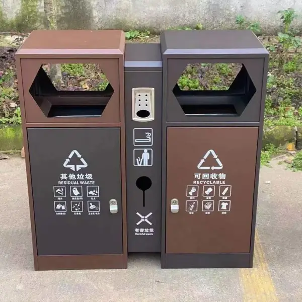 户外分类果皮箱 不锈钢街道景区分类垃圾桶 仿古钢木分类桶