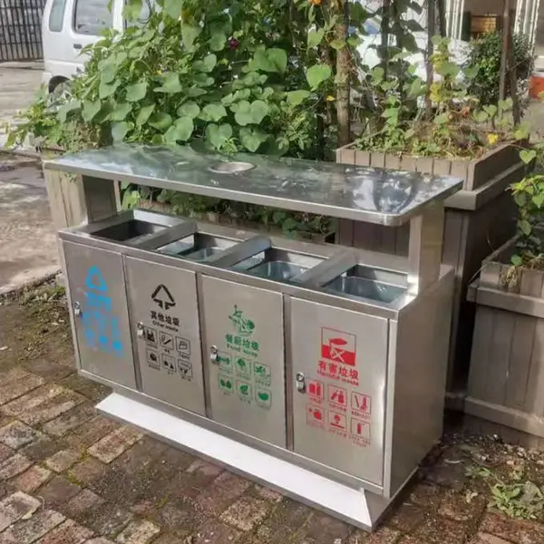 石柱不锈钢垃圾桶,小区果皮箱 室外垃圾桶,四分类垃圾桶