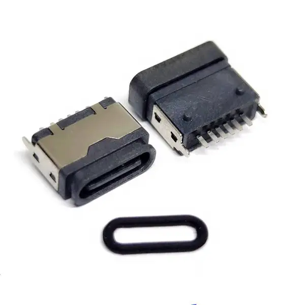 防水type C 立式插板6PIN 全塑防水母座 IP67 USB3.1单充电连接器