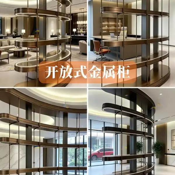不锈钢置物架 立柱弧形带灯隔断售楼处商用展示架