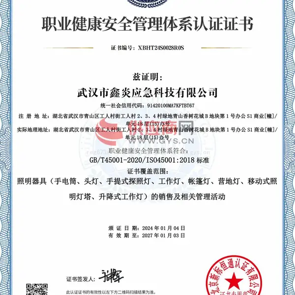 职业健康安全管理体系认证证书