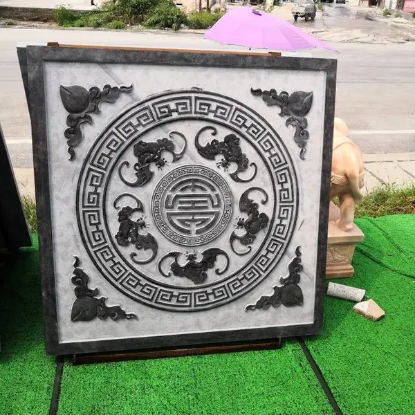 石雕浮雕庭院墙面玄关壁画镂空窗花青石板古建筑户外地雕透雕窗花