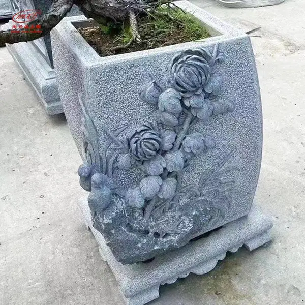 欧式别墅小区花钵摆件 花岗岩石雕花盆 石头造型花盆组合