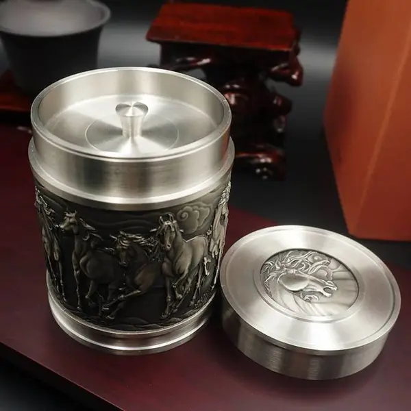锡制茶叶罐礼品定制 纯锡工艺品定做 八骏腾飞中工锡器茶叶筒茶具 金属工艺礼品订做厂家
