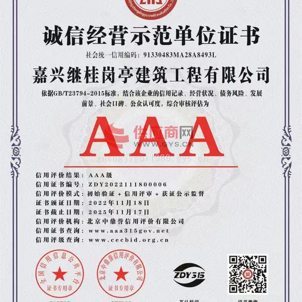 诚信经营示范单位证书