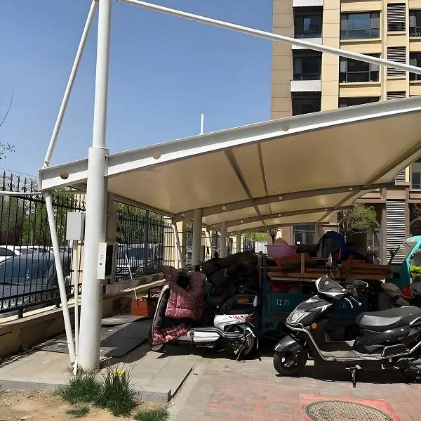 云南膜结构厂家安装设计非机动车车棚牛腿钢梁支架拉杆停车篷雨棚