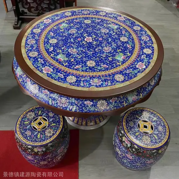 景德镇陶瓷器桌凳 1米高温粉彩釉圆桌 红木陶瓷镶嵌桌凳厂