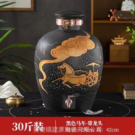 黑色雕刻马车酒坛子 10斤20斤30斤50斤加厚陶瓷酒罐 藏酒缸定制厂