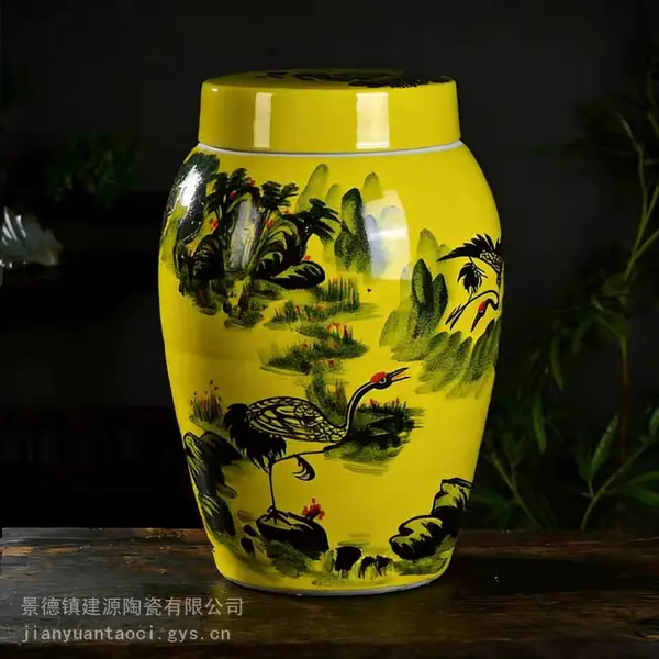 迁坟捡骨陶瓷大骨灰坛 黄色手绘山水福字双盖罐子 殡仪馆骨灰盒批发